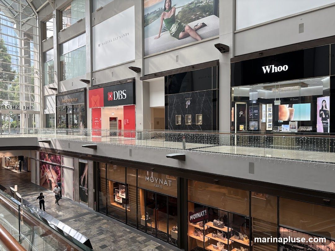 A view of the interior of a shopping mall with various storefronts visible on multiple levels. Brands such as DBS, Whoo, and Moynat Paris are displayed. Large advertisements are present on the upper walls.