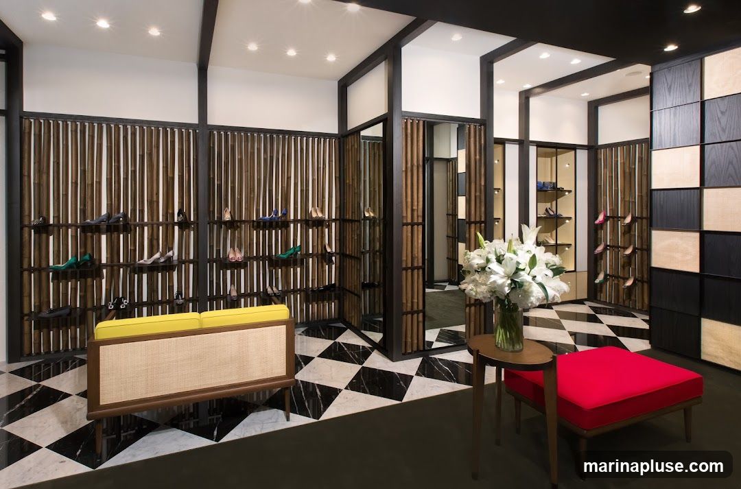 A well-lit shoe store interior with a modern and natural aesthetic. Shelves displaying various women's shoes are arranged against bamboo-slatted walls. A yellow sofa with a woven seat and a red ottoman are placed on a black and white checkered floor. A vase of white lilies sits on a small wooden table. The store features glass display cabinets and a distinctive black and light wood paneled wall.