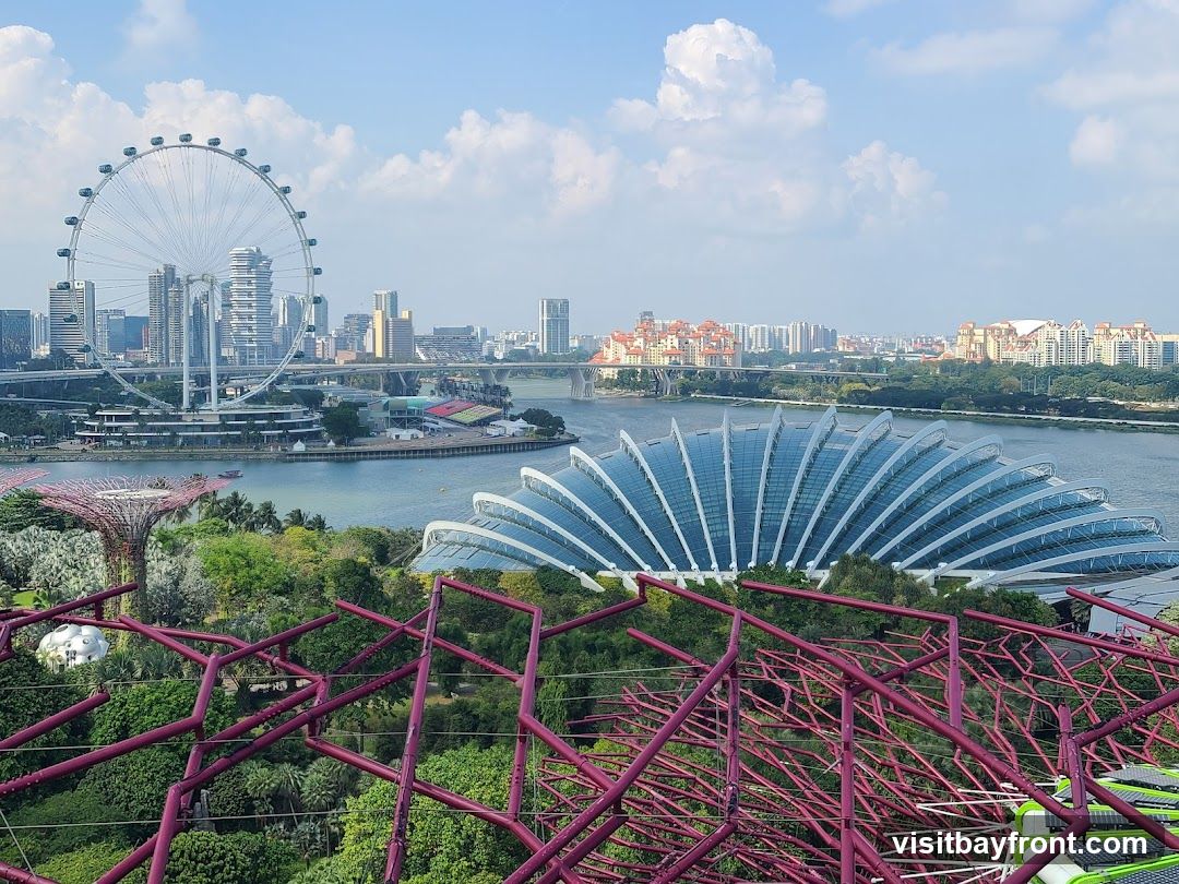 A panoramic view of the Singapore skyline featuring the Singapore Flyer Ferris wheel, modern skyscrapers, and the distinctive Supertree Grove and Cloud Forest domes of Gardens by the Bay. The Marina Bay is visible in the foreground, with lush greenery and futuristic architectural structures. The sky is partly cloudy with a bright, sunny day.