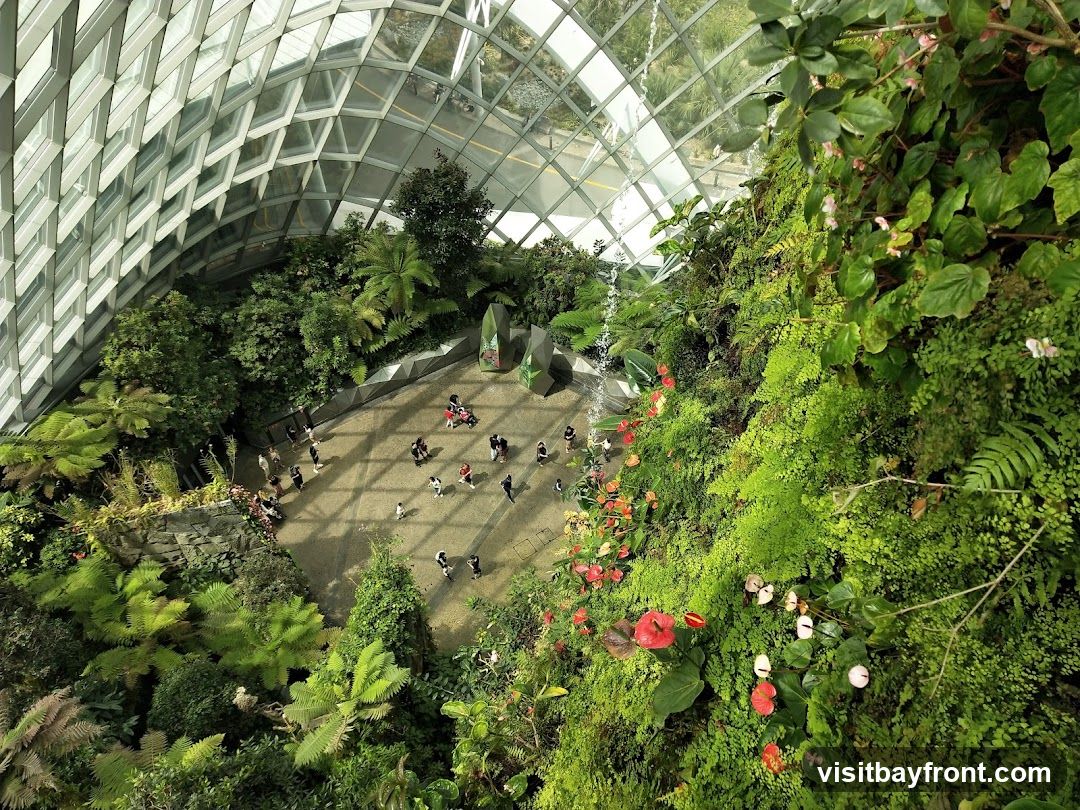 An aerial view of a lush indoor botanical garden housed within a geodesic dome. A waterfall cascades down a verdant wall covered in various plants, including ferns and flowering plants with red and pink blooms. Below, a paved area is populated by visitors observing the display. The dome's structure, made of glass and metal, is visible overhead.