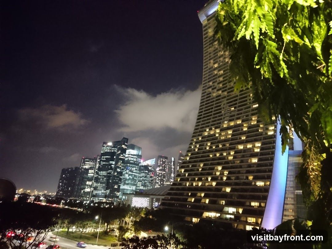 A nighttime view of a modern cityscape with tall buildings illuminated by lights. In the foreground, lush green foliage partially obscures the view of a distinctive curved skyscraper. The sky is dark with scattered clouds, and the city lights create a vibrant glow. Traffic can be seen on a road in the lower part of the image.