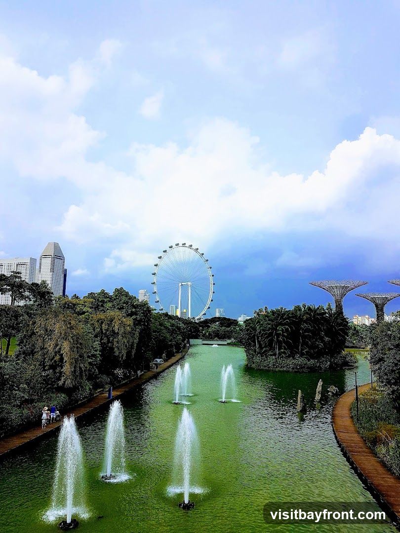 A scenic view of Gardens by the Bay in Singapore, featuring a wide canal with multiple fountains, lush greenery, and iconic structures like the Singapore Flyer and Supertrees in the background under a cloudy sky.