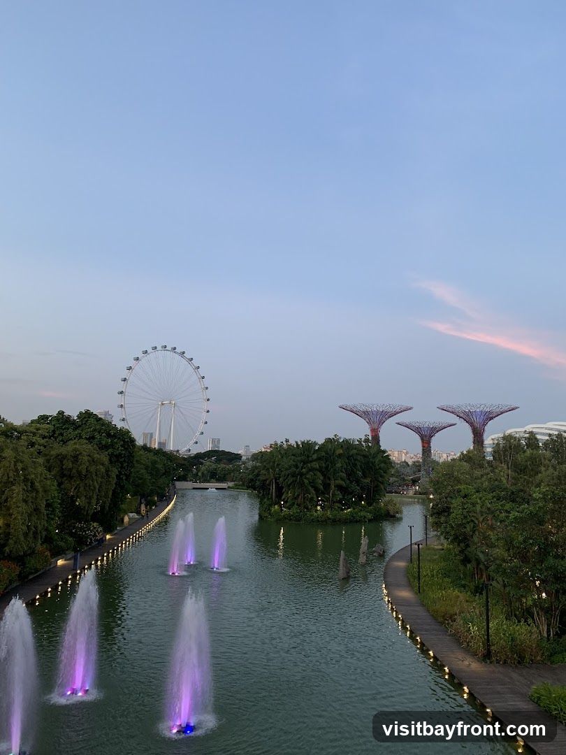 A scenic view of Gardens by the Bay in Singapore during dusk. The image features a calm body of water with illuminated fountains spraying purple light. In the background, a large Ferris wheel stands tall, and the iconic Supertree Grove structures are visible, also lit up. Lush greenery and trees line the water's edge, with a pathway illuminated by small lights. The sky is a soft blue with a hint of pink from the setting sun.