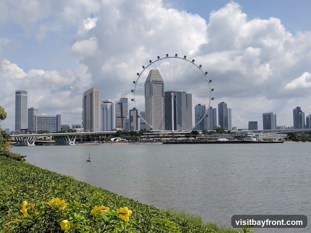 A wide shot of the Singapore skyline featuring numerous skyscrapers and the Singapore Flyer Ferris wheel. The foreground shows a body of water with lush green foliage and yellow flowers. A bridge spans across the water in the mid-ground. The sky is partly cloudy.