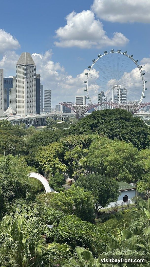A panoramic view of the Singapore skyline featuring tall skyscrapers and the Singapore Flyer Ferris wheel, set against a bright blue sky with scattered clouds. In the foreground, lush green gardens with various trees, including palm trees, and a white arched bridge are visible. A small building with a circular window is nestled among the foliage.