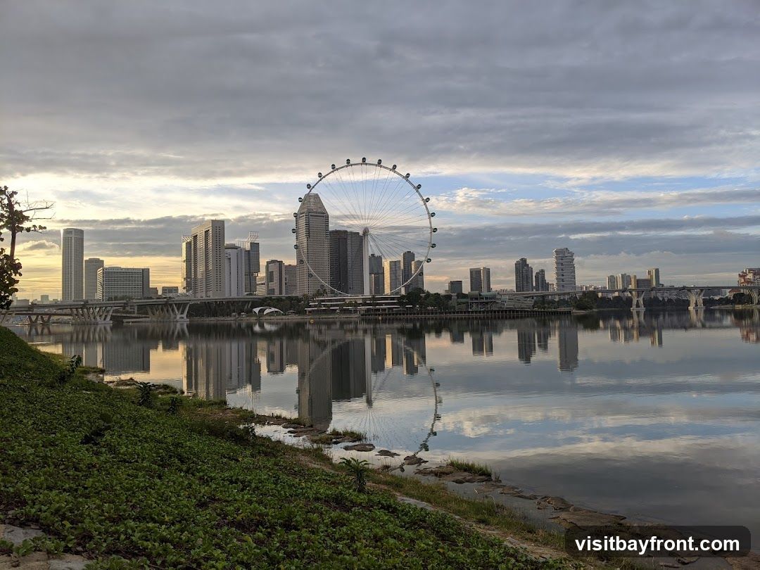 A wide shot of a city skyline featuring a large Ferris wheel, tall buildings, and bridges, all reflected in the calm water of a bay or river. The sky is cloudy with patches of sunlight breaking through. Lush green vegetation covers the foreground on the left bank.