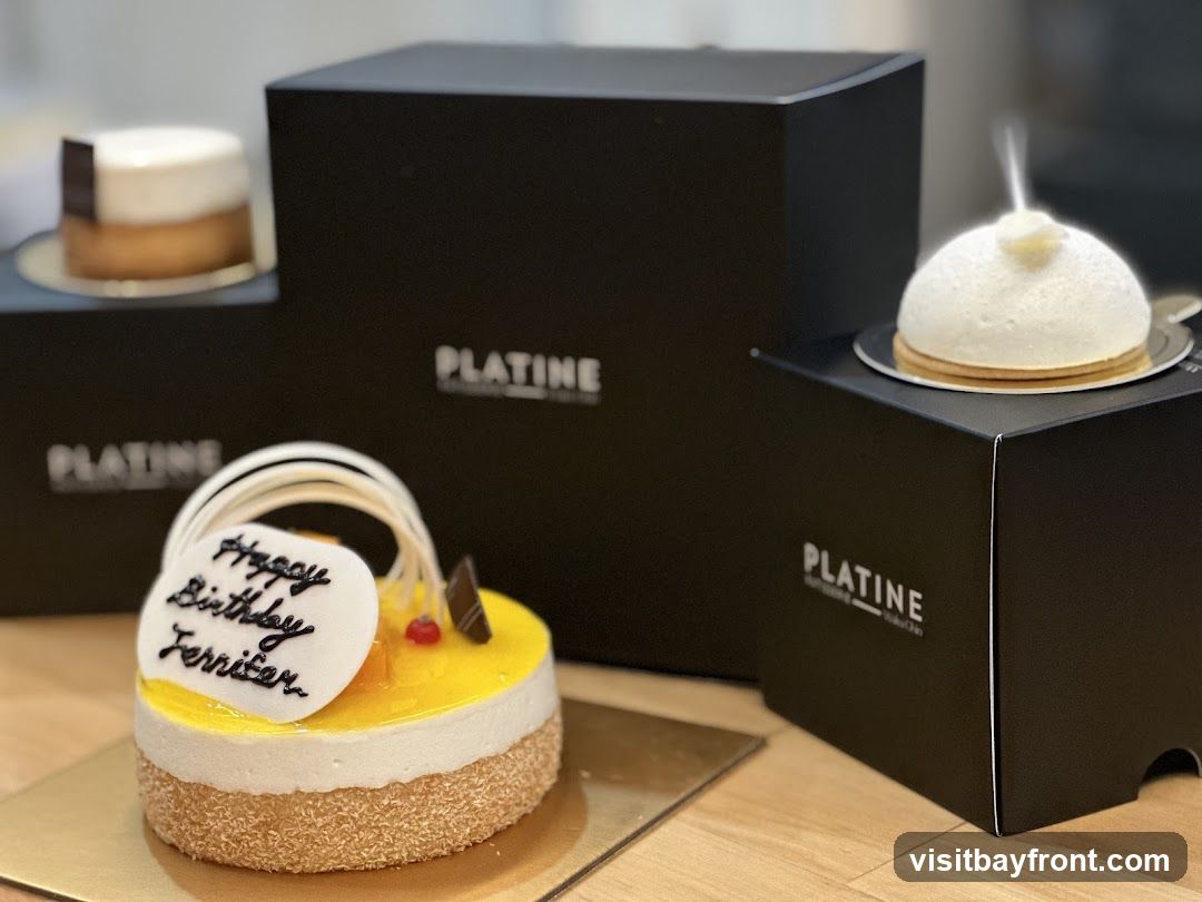A close-up shot of several desserts and black gift boxes, all branded with the word "PLATINE". In the foreground, a round cake with yellow topping and white frosting is decorated with the message "Happy Birthday Jennifer". Behind it, a small white dome-shaped dessert sits on a black box. Another small round dessert with white frosting and a dark chocolate square is visible on a box in the background.