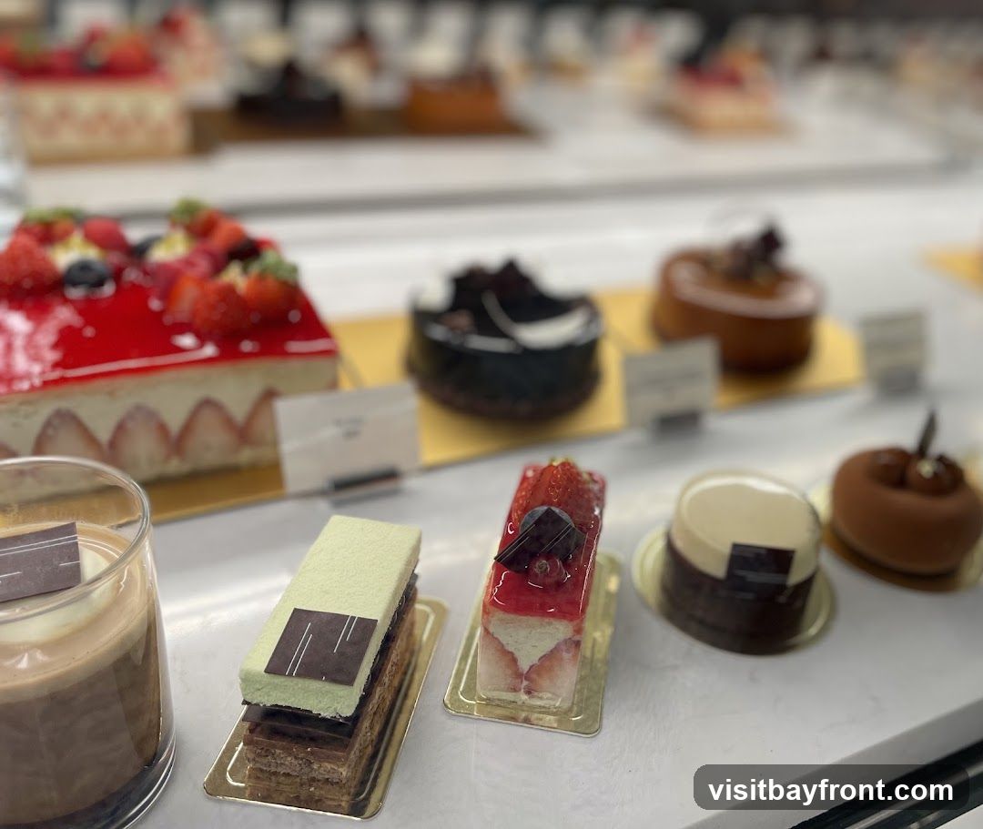 A display case filled with various pastries, including a large strawberry cake, several small mousse cakes, and layered rectangular cakes. Some pastries are topped with fresh fruit like strawberries and berries, while others have chocolate decorations. A glass of layered coffee or chocolate drink is in the foreground.