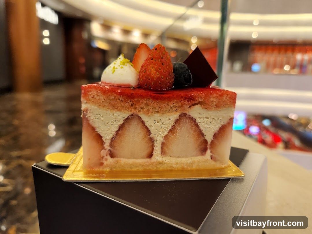 A close-up shot of a strawberry cake slice, featuring layers of sponge cake, cream, and fresh strawberries. The cake is topped with a strawberry glaze, a dollop of cream, a whole strawberry, a blueberry, and a chocolate shard. The cake is presented on a golden base, resting on a dark box. The background is blurred, showing a brightly lit interior, possibly a shopping mall or a cafe.