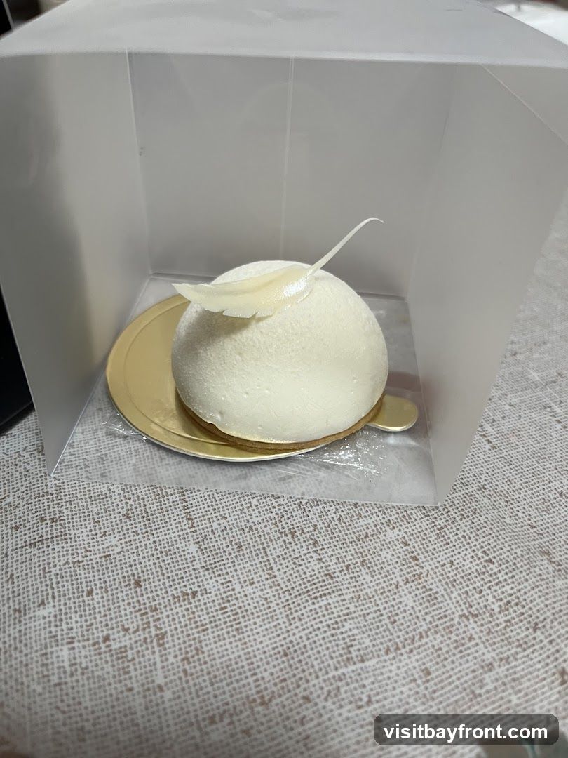 A single white mousse cake sits on a gold cake board inside a clear plastic box. The cake is spherical and covered in a smooth white frosting. A delicate white chocolate feather decoration rests on top of the cake. The cake is placed on a textured surface.