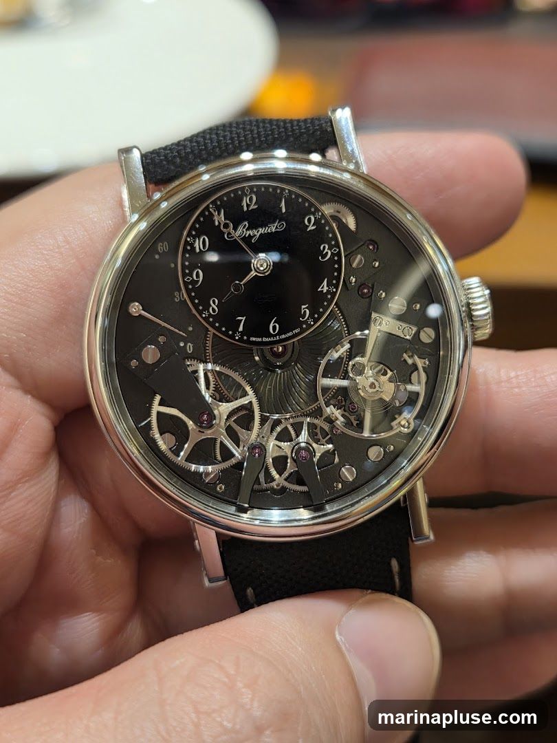 A close-up shot of a Breguet watch with a black dial and intricate mechanical movement. The watch is held by a person's hands. The brand name "Breguet" is visible on the dial.