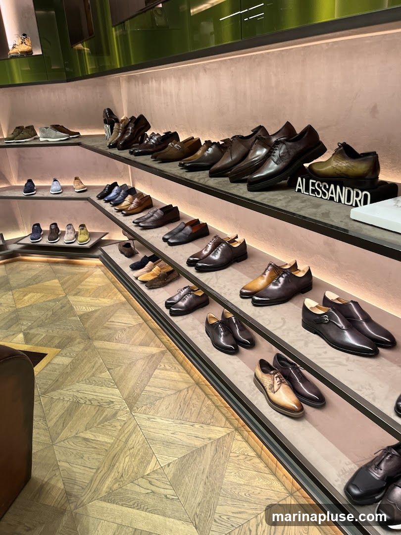 A well-lit shoe store displays a variety of men's dress shoes on tiered shelves. The shoes are arranged by style and color, with a prominent display of the brand name 'ALESSANDRO' on one of the shelves. The flooring is a patterned wood.