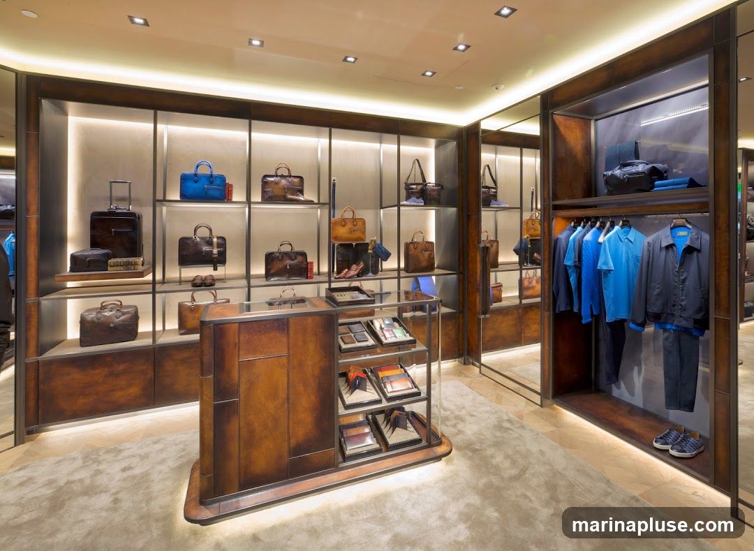 A well-lit interior of a high-end store showcasing a collection of leather handbags, briefcases, and apparel. The display features shelves stocked with various bags in different styles and colors, including a prominent blue handbag. Adjacent to the bags, a rack displays men's clothing, primarily in shades of blue, including shirts and jackets. A central display unit holds smaller leather accessories and wallets. The store's aesthetic is modern and luxurious, with warm wood finishes and subtle lighting.