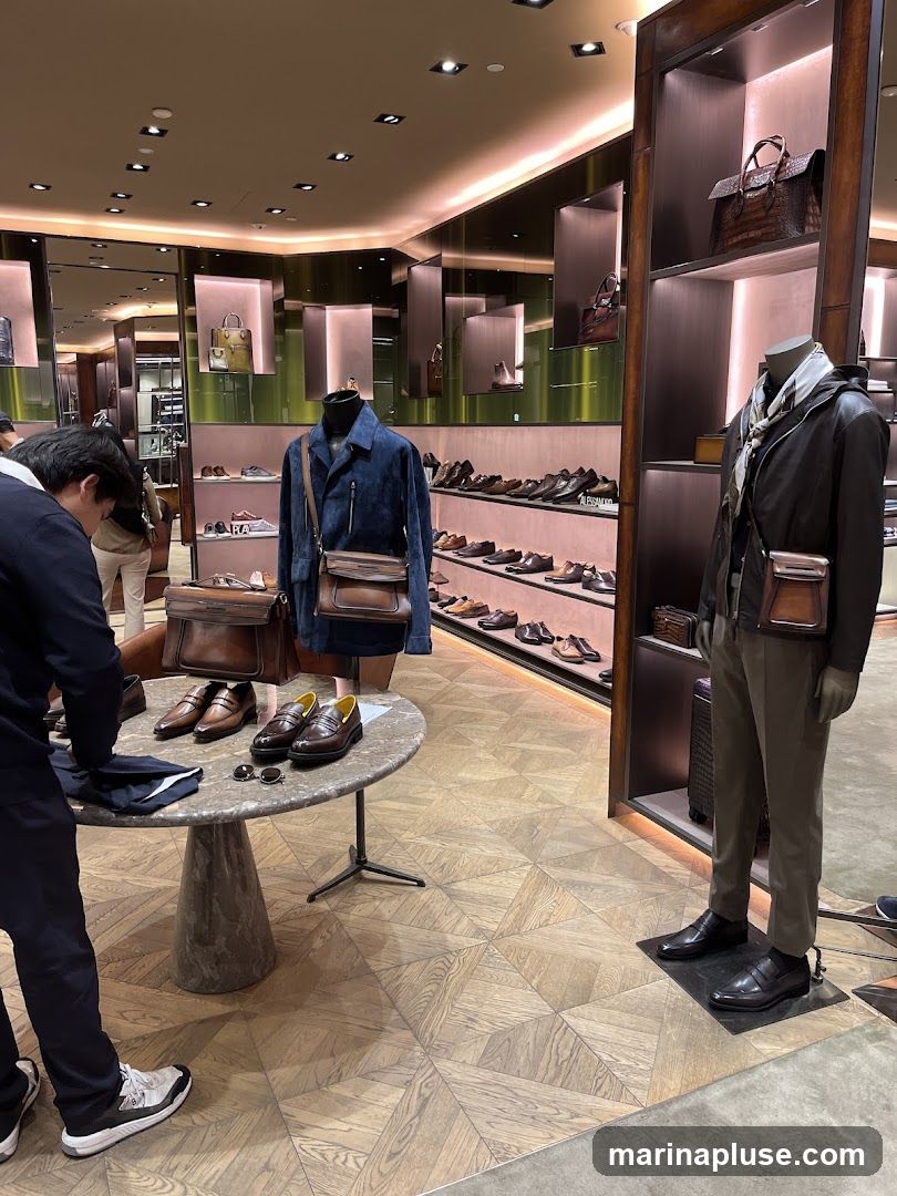 A well-lit interior of a luxury store, showcasing men's footwear and accessories. Mannequins are dressed in stylish outfits, and shelves are filled with various bags and shoes. A round display table in the foreground features several pairs of men's dress shoes and sunglasses. The flooring is a patterned wood, and the overall ambiance suggests a high-end retail environment.