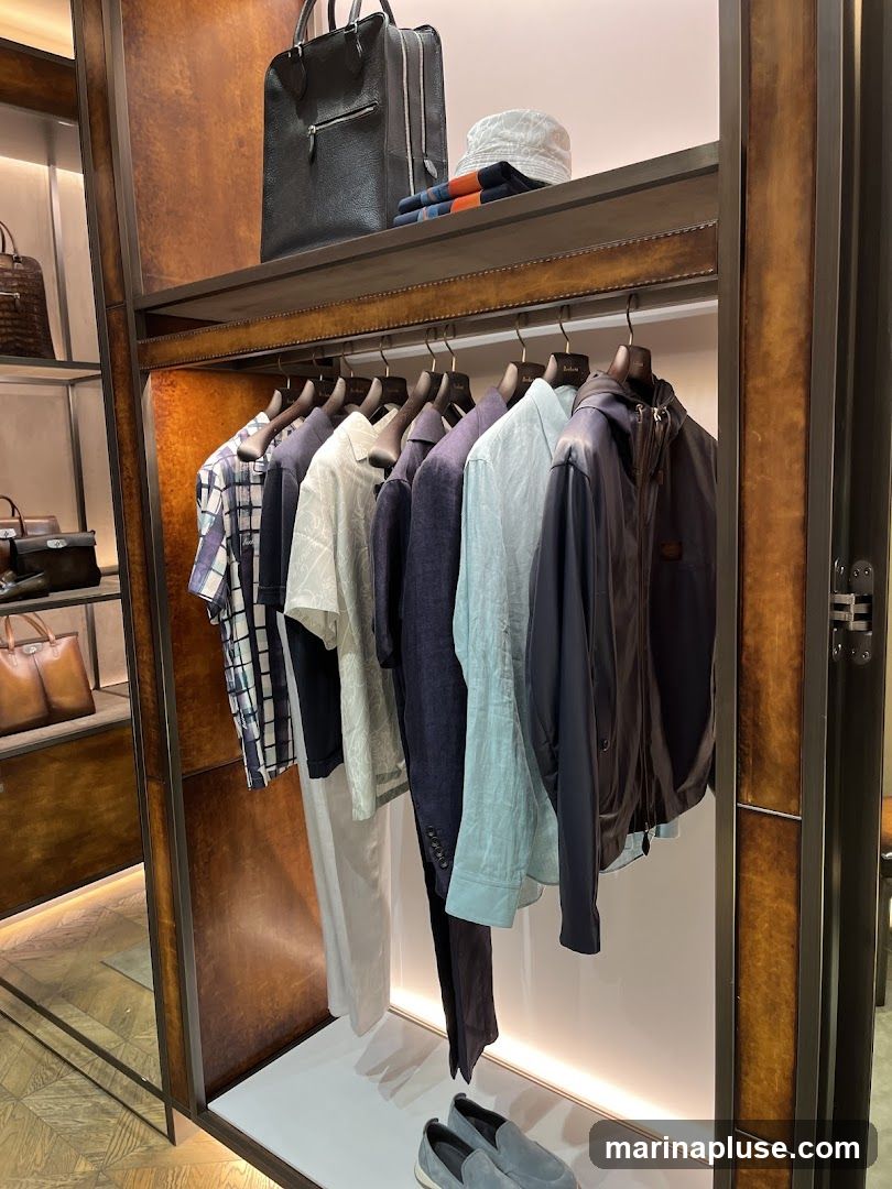 A display of men's clothing and accessories in a store. On a shelf above are a black leather briefcase, a white bucket hat, and folded scarves. Below, a rack holds several shirts and jackets, including a patterned shirt, light-colored shirts, dark blue shirts, and a dark jacket. White pants hang on a mannequin. A pair of grey loafers is on the floor.
