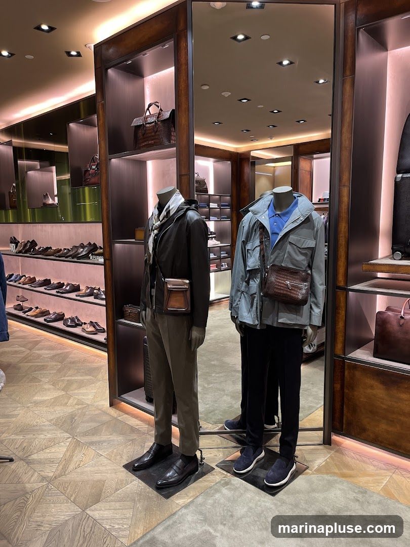 A retail store interior featuring two mannequins dressed in men's fashion. The mannequin on the left wears a dark jacket, scarf, and olive-colored trousers, accessorized with a small brown crossbody bag. The mannequin on the right is dressed in a light blue collared shirt, a grey jacket, and dark trousers, also carrying a brown crossbody bag. Both mannequins are displayed on black stands. The background shows shelves stocked with handbags and shoes, and a large mirror reflects the store's interior. The flooring is a patterned wood design.