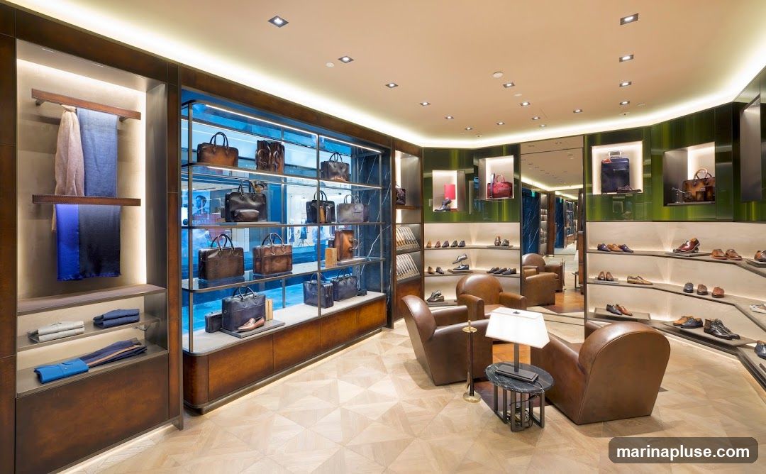 The interior of a high-end store displays a collection of leather handbags and shoes. Scarves and folded clothing are also visible on shelves. Comfortable leather armchairs are arranged in seating areas. The store features modern lighting and polished wooden floors.