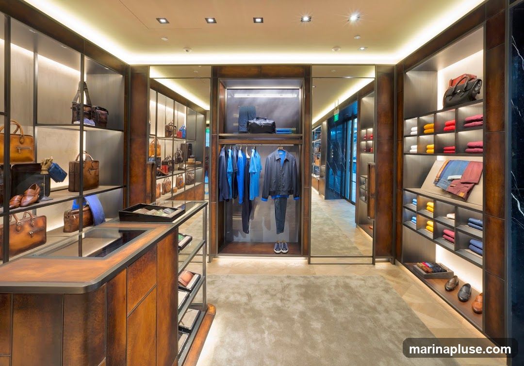 The interior of a high-end retail store, likely for men's fashion and accessories. The store features wooden display shelves and counters, with a variety of leather bags, shoes, folded clothing items, and jackets neatly arranged. The lighting is soft and ambient, creating a sophisticated atmosphere. Mirrors are strategically placed to enhance the sense of space.