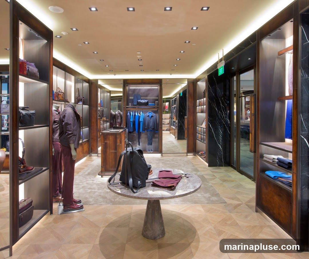 The interior of a high-end menswear store is showcased, featuring polished wooden floors and elegant displays. Mannequins are dressed in sophisticated jackets and trousers. Shelving units display a variety of bags, folded clothing, and accessories. A round marble table in the center holds a backpack and folded garments. The store is well-lit with recessed ceiling lights and accent lighting along the shelves, creating a luxurious ambiance. An exit sign is visible in the background.