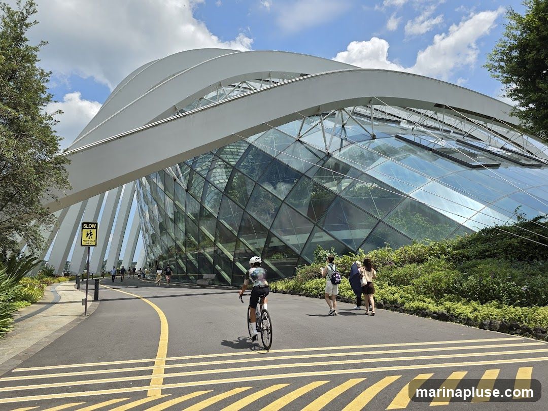 A view of the Cloud Forest dome at Gardens by the Bay, Singapore. The dome features a distinctive curved roof and a glass facade with a diamond pattern. People are seen walking and cycling on a path in front of the dome, surrounded by lush greenery. A yellow "SLOW" sign with a pedestrian symbol is visible on the left.