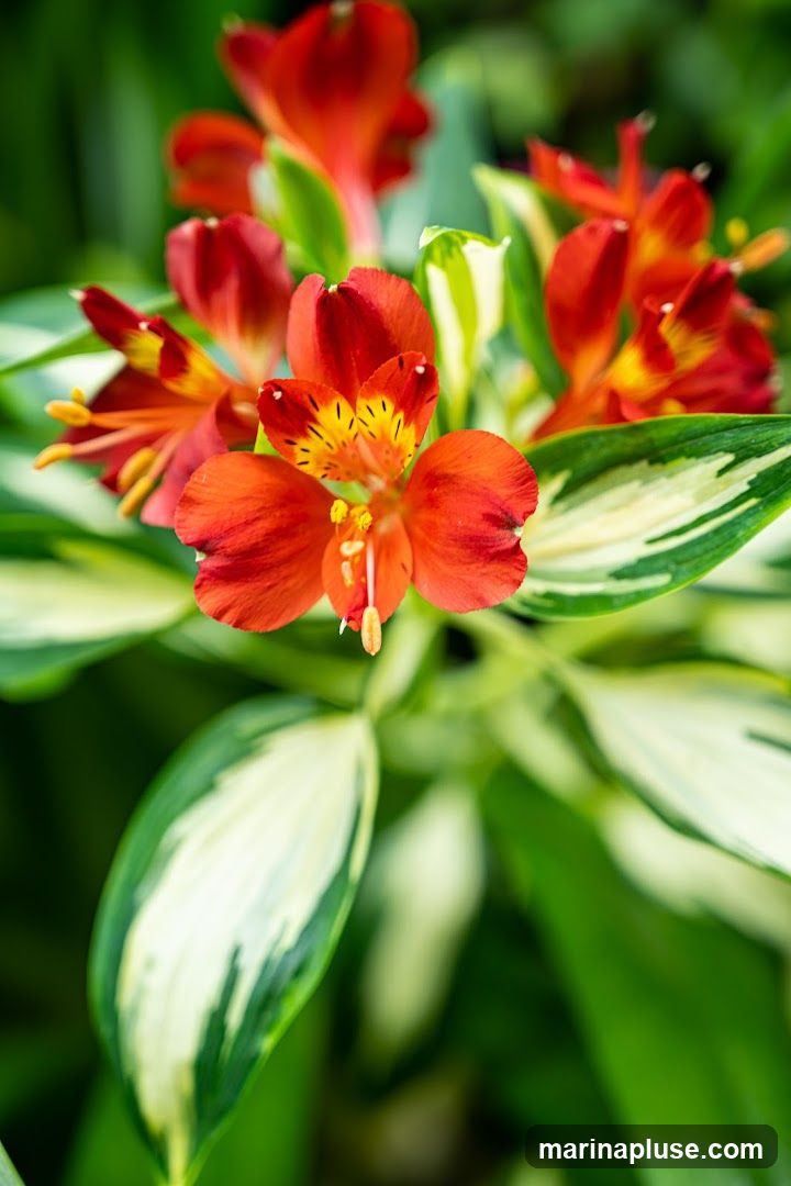 A close-up, shallow depth of field photograph of vibrant orange Alstroemeria flowers with yellow and black speckles in their centers. The flowers are surrounded by lush green foliage, some of which has striking white and green variegation. The background is a soft blur of green, emphasizing the detail and color of the blooms.