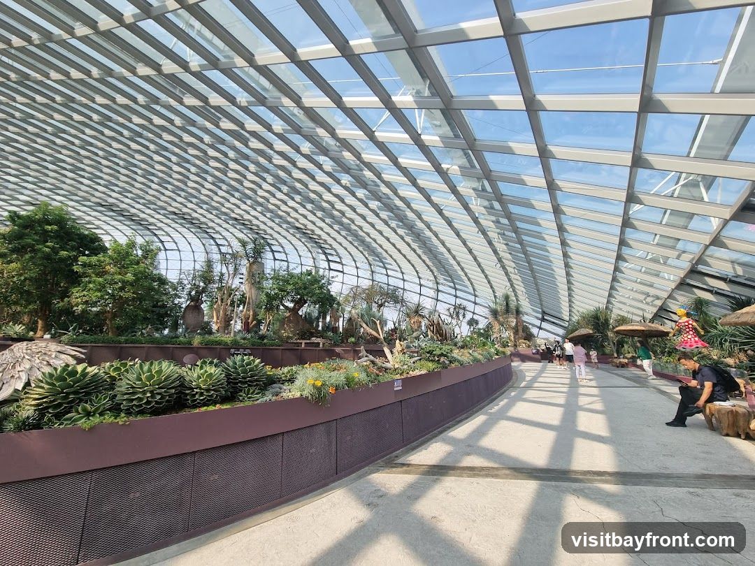 A wide pathway curves through a large indoor botanical garden with a geodesic glass roof. Lush greenery, including various succulents and trees, is displayed in raised planters. Several people are walking along the path, and one person is sitting on a wooden bench. The sunlight streams through the glass roof, casting shadows on the floor.