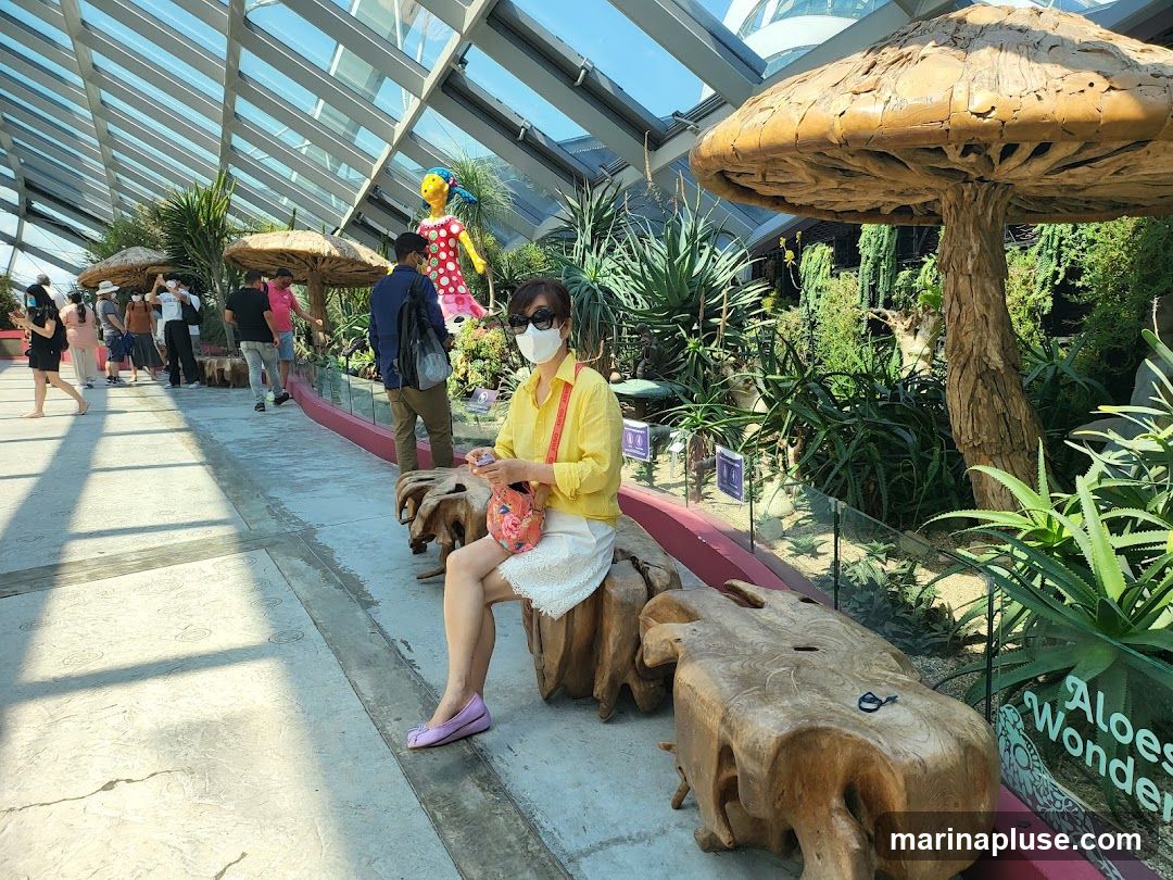 A woman wearing a yellow shirt and white skirt sits on a wooden bench in a large, sunlit conservatory. She is wearing a white face mask and sunglasses. Behind her, other visitors walk along a path, and there are various plants, including large aloe vera plants, and decorative mushroom-shaped structures. A colorful doll-like figure is visible in the background. A sign that reads "Aloes Wonder" is partially visible on a glass barrier.