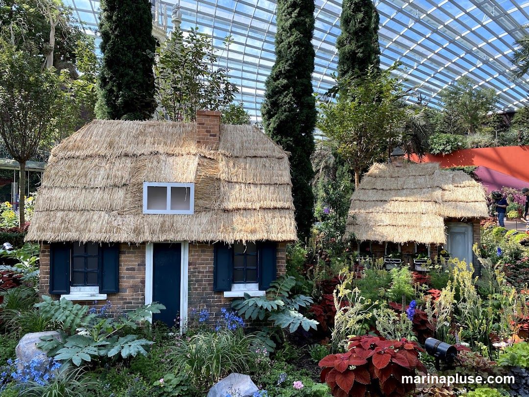 A diorama featuring two miniature cottages with thatched roofs, set amidst lush greenery and colorful flowers. The cottages are made of brick with dark blue shutters and doors. The scene is enclosed within a glass-domed structure, suggesting an indoor botanical garden or exhibition.
