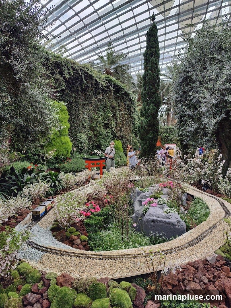A miniature train track winds through a lush garden display under a glass-domed ceiling. The garden features a variety of plants, including flowering trees, bushes, and moss-covered rocks. A small red torii gate is visible in the background, and several people are observing the display.
