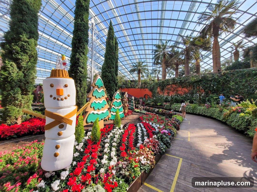 A large indoor botanical garden with a glass ceiling, featuring a pathway lined with colorful flowers and plants. A large snowman decoration and several Christmas trees are prominently displayed. People are seen walking along the path and admiring the scenery. Palm trees and lush greenery are visible in the background.