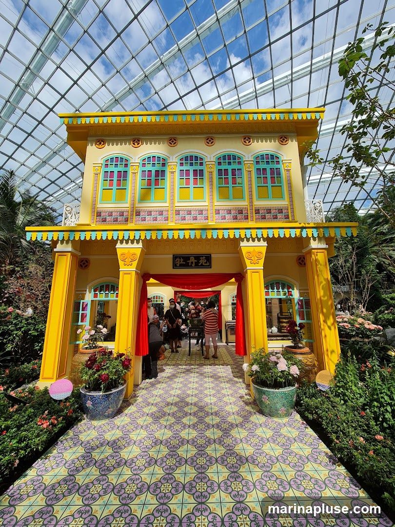A vibrant, two-story yellow building facade with teal and pink window frames is displayed under a glass dome. The building features decorative trim and columns. A red curtain hangs across the entrance, and people are visible inside. The walkway leading to the entrance is paved with colorful, patterned tiles. Lush greenery and potted plants surround the structure.