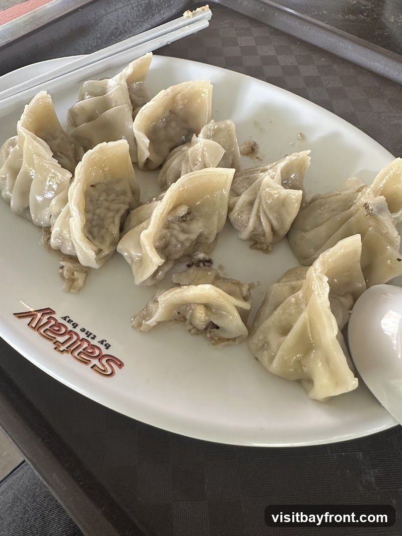 A white plate filled with steamed dumplings is shown, with chopsticks resting on the edge of a tray in the background. The plate has the logo "Satay by the bay" embossed on it. A white spoon is also visible on the right side of the plate.
