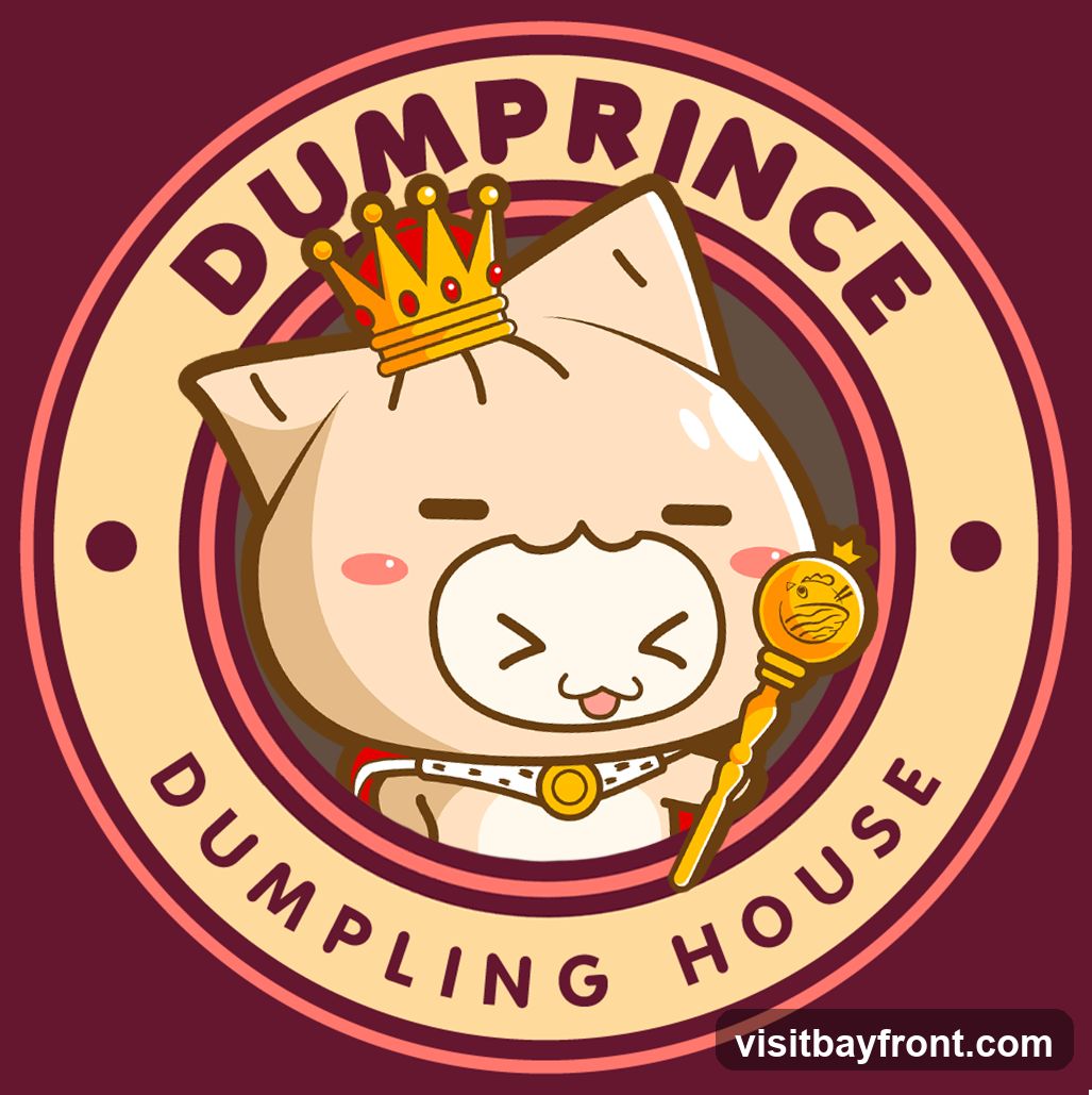 A circular logo featuring a cartoon character resembling a dumpling with a crown and a scepter. The text "DUM PRINCE" is at the top and "DUMPLING HOUSE" is at the bottom, both in a curved font. The character has closed eyes, rosy cheeks, and its tongue sticking out slightly. It is wearing a red cape and a decorative collar. The scepter has a golden orb with a crown on top. A registered trademark symbol is visible in the bottom right corner.