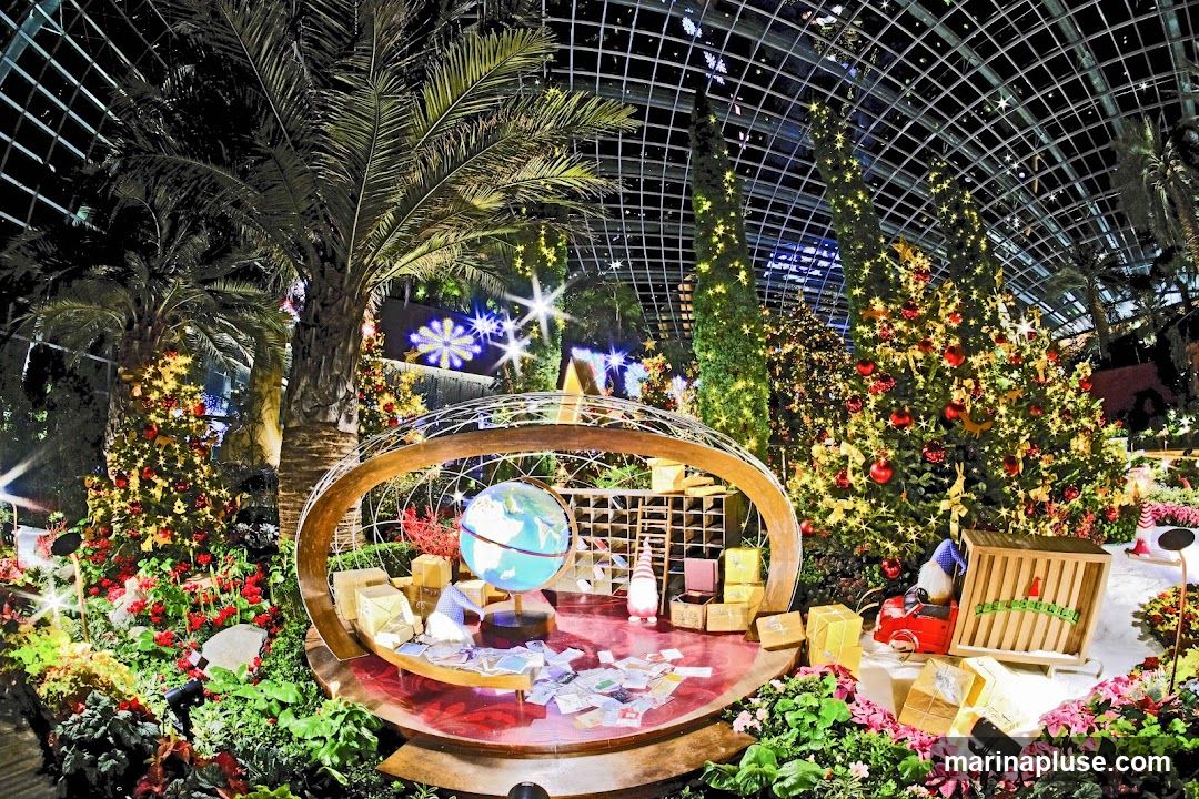 A festive indoor display featuring several decorated Christmas trees, palm trees, and lush greenery. In the center, a globe sits on a circular platform surrounded by wrapped gifts and what appear to be postcards. A small gnome figure is visible near a toy red truck and a wooden crate. The scene is illuminated by numerous twinkling lights and a large snowflake-shaped light decoration in the background.