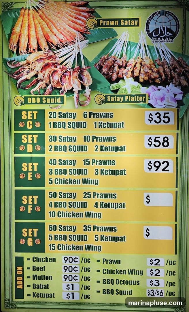 Menu featuring various satay sets, BBQ squid, prawns, and add-on options.