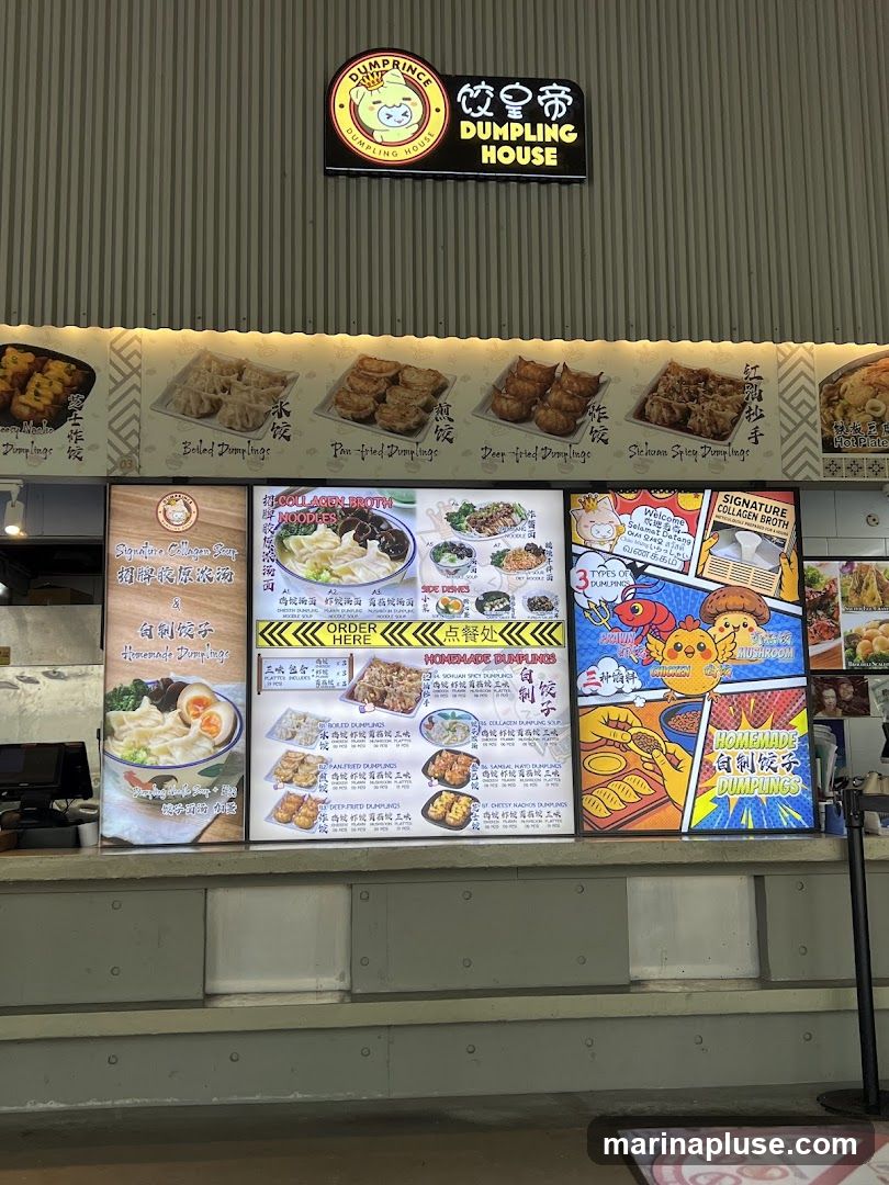 A menu board for Dumpling House displays various types of dumplings, soups, and noodles. The top section shows images of different dumplings like boiled, pan-fried, deep-fried, and Sichuan spicy dumplings. Below, there are sections for 'Signature Collagen Soup' and 'Homemade Dumplings'. The main menu area lists categories such as 'Homemade Dumplings', 'Pan Fried Dumplings', 'Deep Fried Dumplings', and 'Sichuan Spicy Dumplings', with options for different quantities and prices. There are also images of noodle dishes and a 'Collagen Broth Noodles' option. A colorful illustration of cartoon characters representing chicken and mushroom is also present.