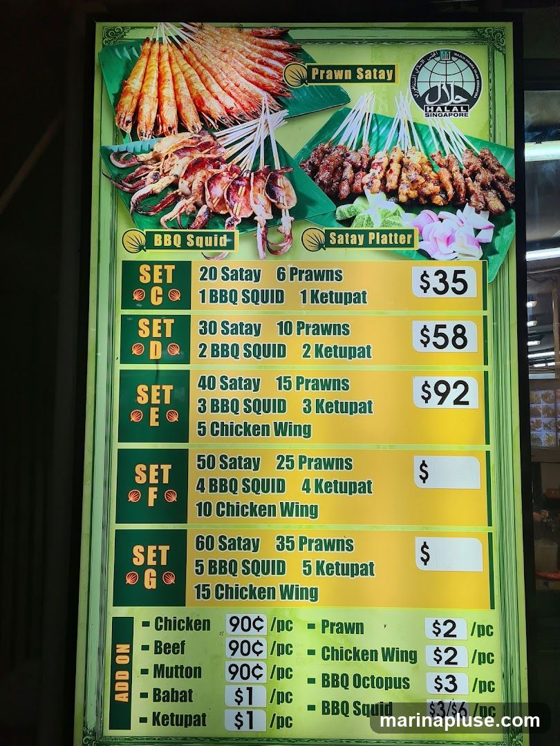 Menu featuring various satay sets and add-on items. Sets include combinations of satay, prawns, BBQ squid, ketupat, and chicken wings with prices ranging from $35 to $92. Add-on items include chicken, beef, mutton, babat, ketupat, prawns, chicken wings, BBQ octopus, and BBQ squid with prices per piece.