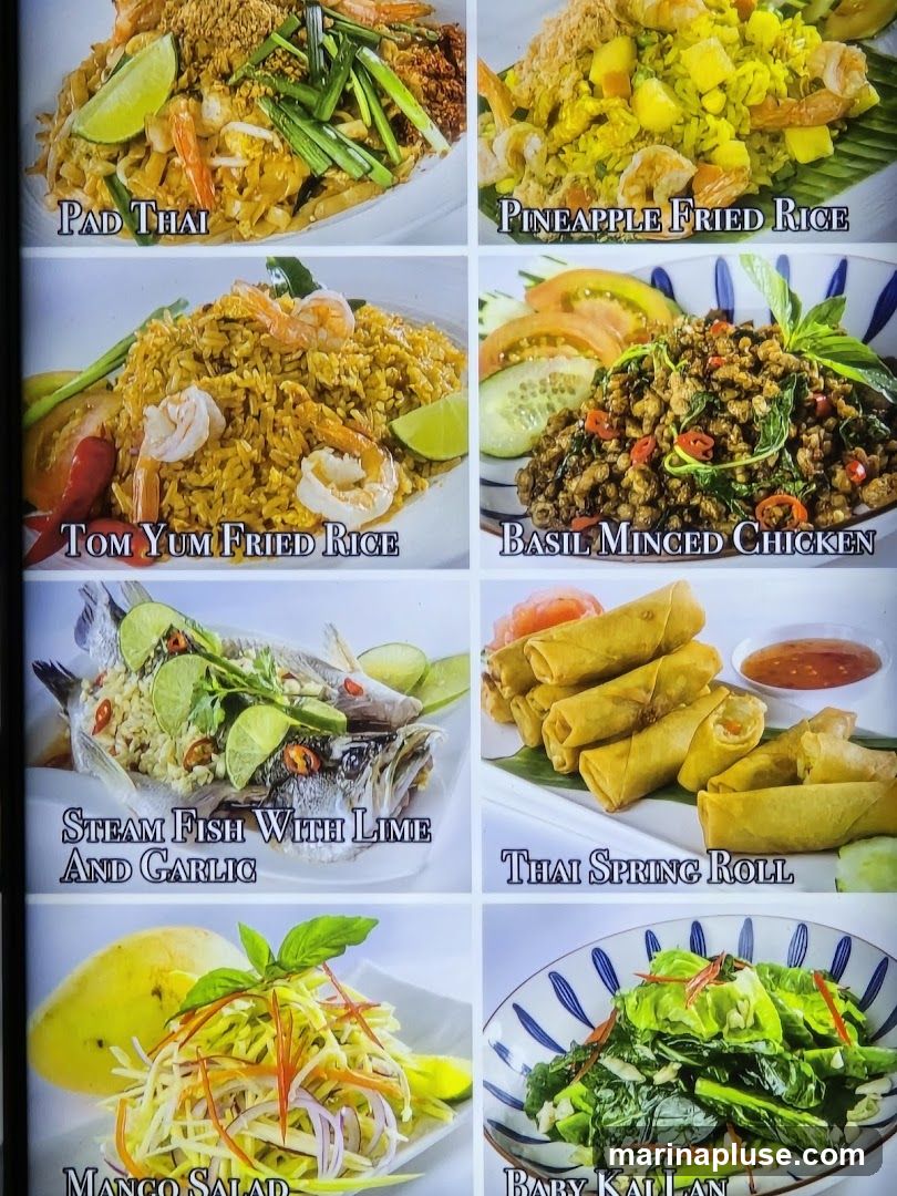 A grid of eight images showcasing various Thai dishes, each with its name labeled below.