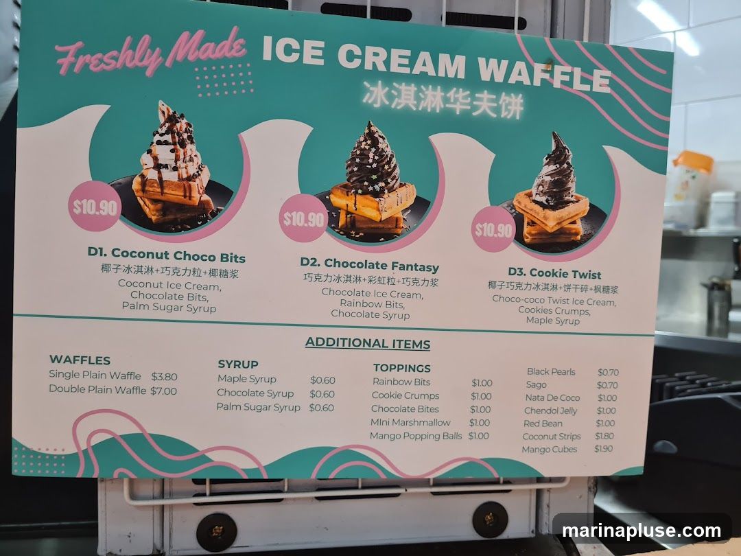 Menu for freshly made ice cream waffles with various toppings and syrups.