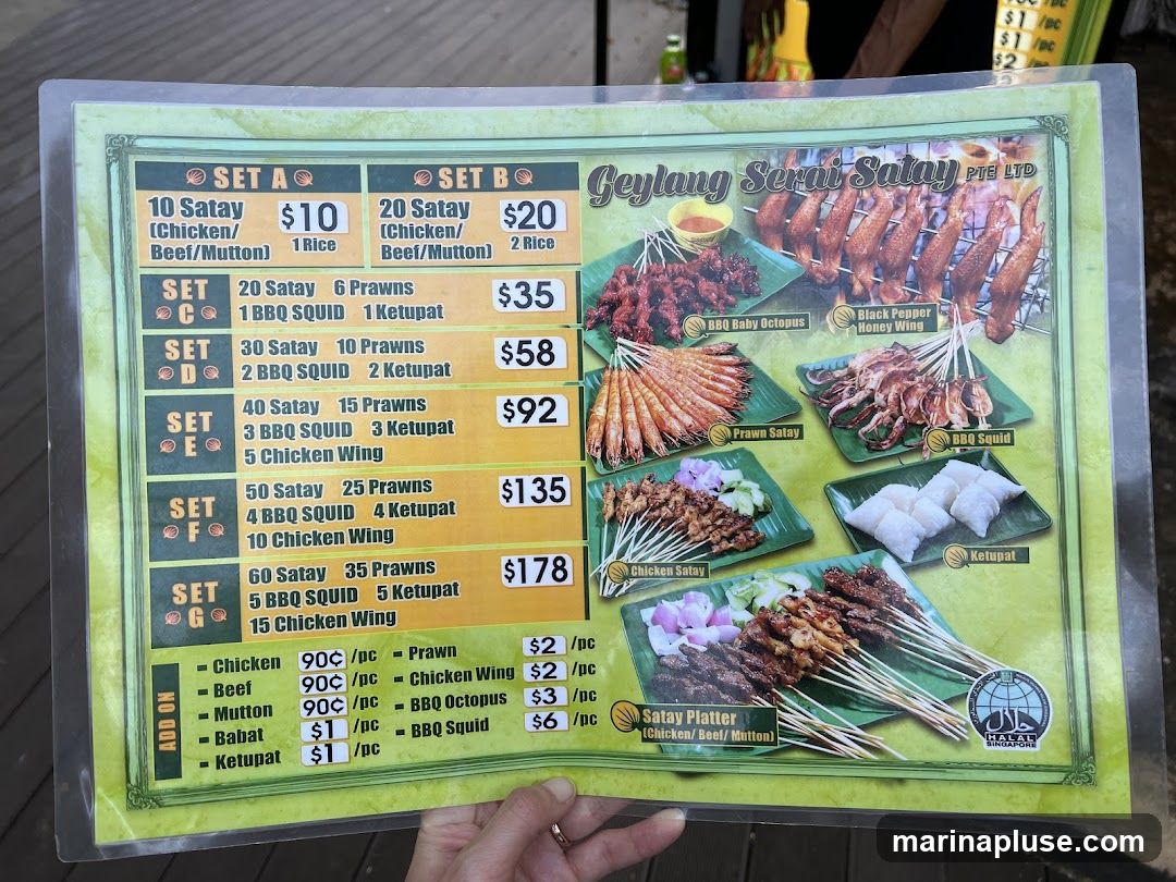 A menu featuring various satay sets and add-ons, with images of different satay dishes.