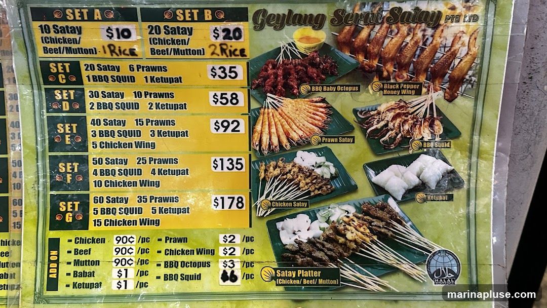 Menu featuring various satay sets, add-ons, and platters with prices.