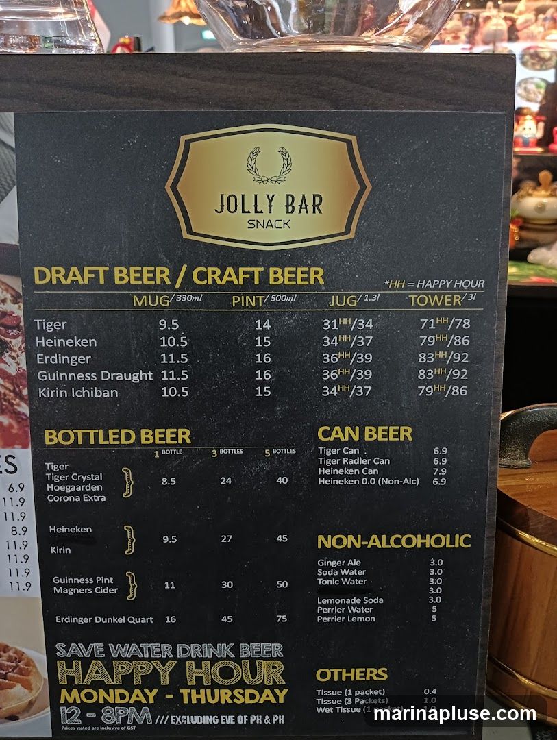 Menu for Jolly Bar Snack featuring draft beer, bottled beer, canned beer, non-alcoholic drinks, and other items. Includes happy hour details.