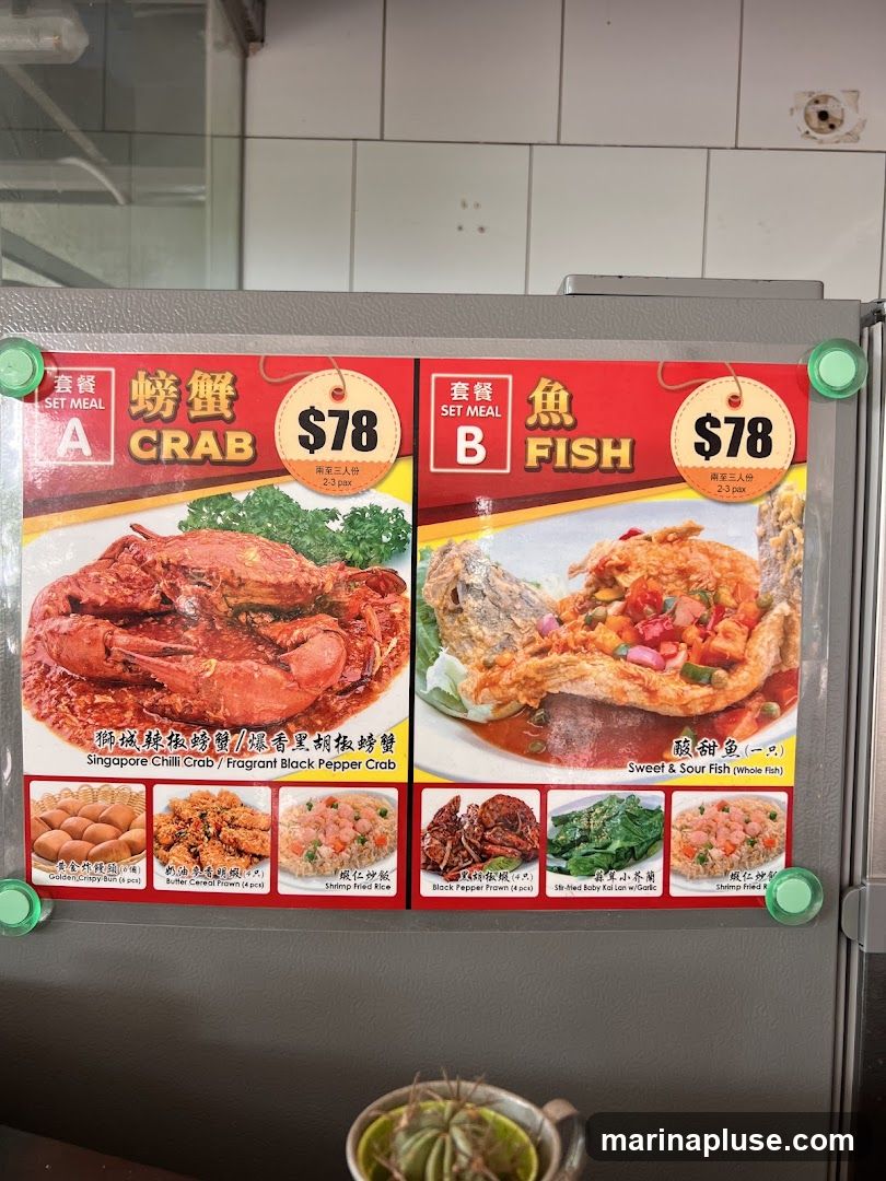 Two set meals, A (Crab) and B (Fish), both priced at $78 for 2-3 persons. Each set meal includes a main dish and a choice of side dishes.