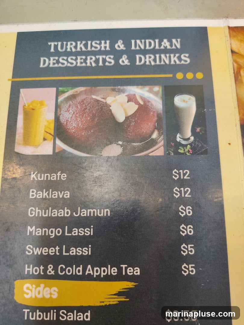 A menu featuring Turkish and Indian desserts and drinks, with images of a mango lassi, gulab jamun, and a creamy drink.