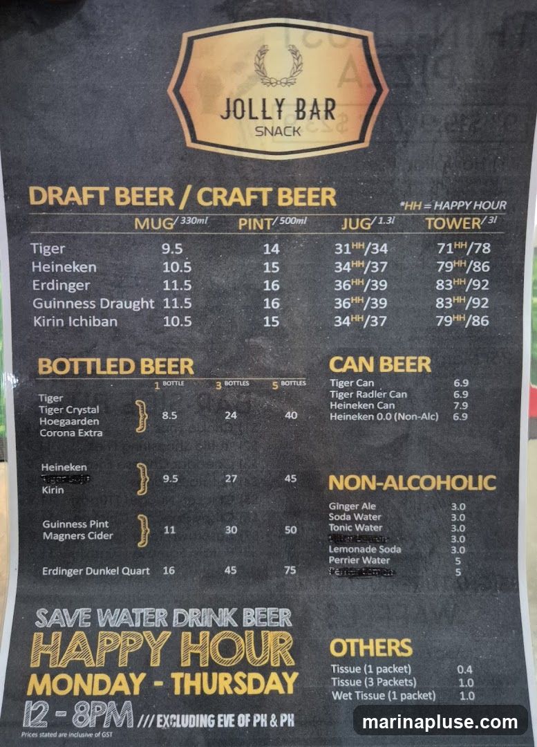 Menu for Jolly Bar Snack featuring draft, bottled, can, and non-alcoholic beverages, along with happy hour information.