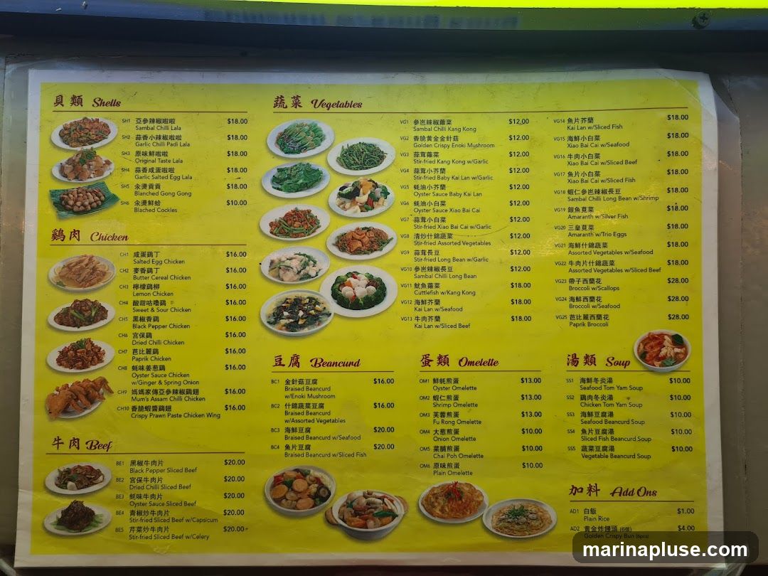 A menu with sections for Shells, Vegetables, Chicken, Beef, Beancurd, Omelette, Soup, and Add Ons.