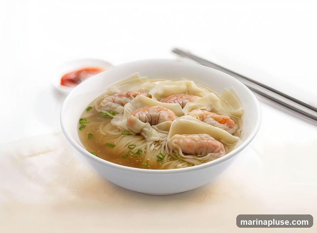 A bowl of shrimp wonton noodle soup with thin noodles, wontons filled with shrimp, and garnished with chopped green onions. A small dish of red sauce is visible to the left, and chopsticks are placed to the right of the bowl. The background is white and blurred.