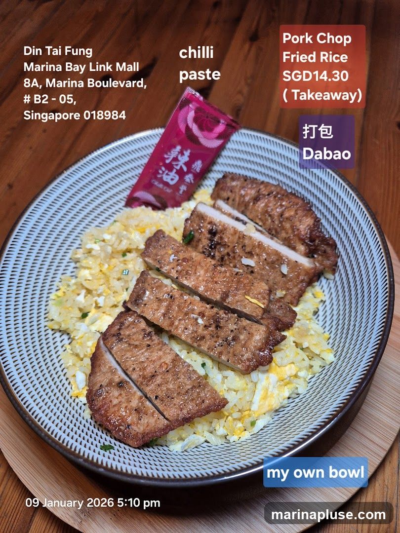 A bowl of fried rice topped with sliced pork chops and a packet of chilli paste. The text indicates the dish is from Din Tai Fung at Marina Bay Link Mall, Singapore, and costs SGD14.30 for takeaway.