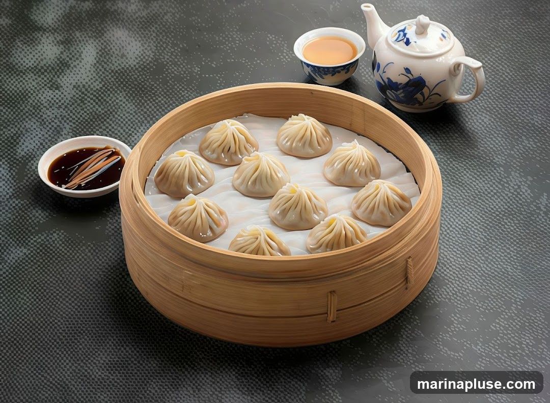 A bamboo steamer filled with ten soup dumplings is presented on a textured dark surface. To the left, a small white dish contains soy sauce with julienned ginger. To the right, a white teapot with blue floral accents sits next to a small teacup filled with amber liquid.