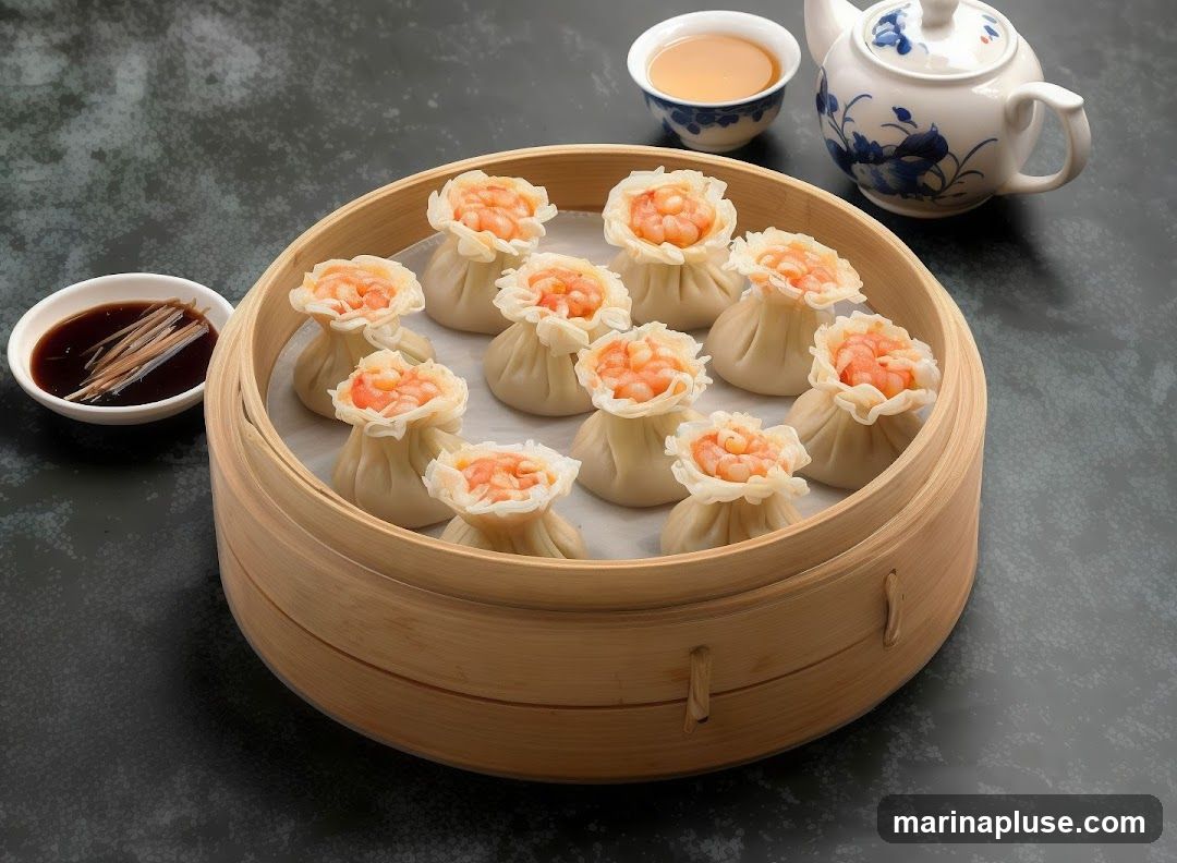 A bamboo steamer filled with twelve shrimp dumplings, each topped with visible shrimp. To the left, a small white dish contains a dark dipping sauce with julienned ginger. In the background, a white teacup filled with amber liquid and a blue and white patterned teapot are visible. The food is arranged on a dark, textured surface.